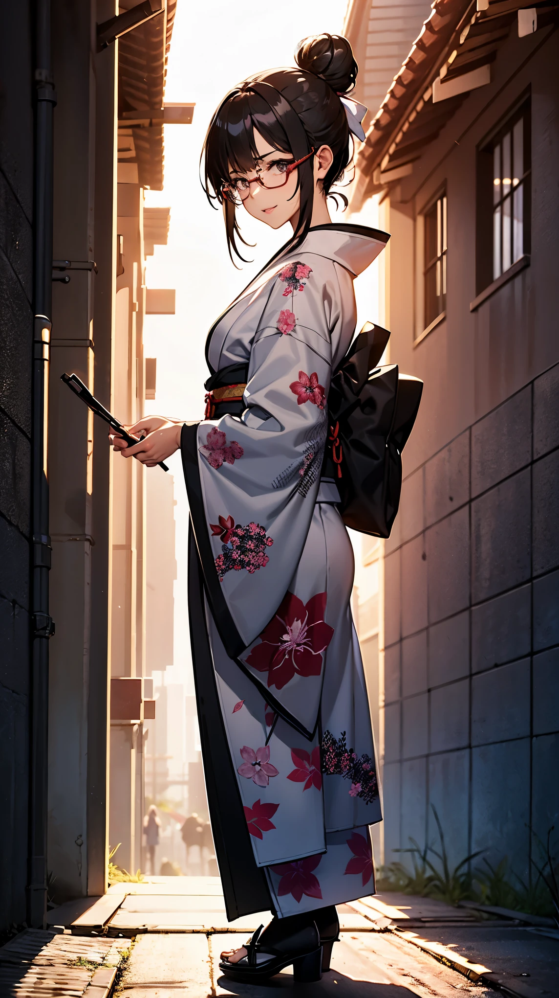 (1girl:1.3), one girl, walking, Painting a figure on the edge of the screen, Masterpiece, Best quality, amazing beauty, [[3D]], 4K, absurdres, finely detail, super detailed eye, perfect anatomy, official art, cinematic lighting, BREAK, hair bun, black hair, super shiny detailed brown eyes, big eyes, Looking Side Glance, close-mouth, pink lips, glasses, happy face, BREAK , usually, , medium, tanned skin, Are standing, full body , from front, Backlighting, BREAK , Walking in a temple, kimono, A kimono with a vividly colored pattern, bright morning, Create images inspired by the beauty of Japanese anime, drawing the whole body from a distance
