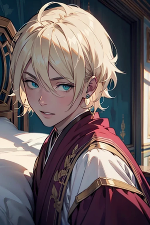 1male, anime, platinum blonde hair, straight hair, very short hair, cyan eyes, pale skin, magician, orange and purple robes, pretty, digital illustration, trending on artstation, highly detailed, vibrant colors, arabic buildings background, 4k, insane details, insane quality, historical, the arcana game, sexy, on bed, face close up, mouth closed, hot, erotic, clothes falling
