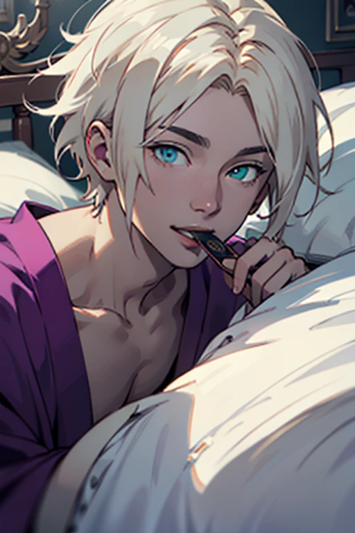1male, anime, platinum blonde hair, straight hair, very short hair, cyan eyes, pale skin, magician, orange and purple robes, pretty, digital illustration, trending on artstation, highly detailed, vibrant colors, arabic buildings background, 4k, insane details, insane quality, historical, the arcana game, sexy, on bed, face close up, mouth closed, hot, erotic, clothes falling