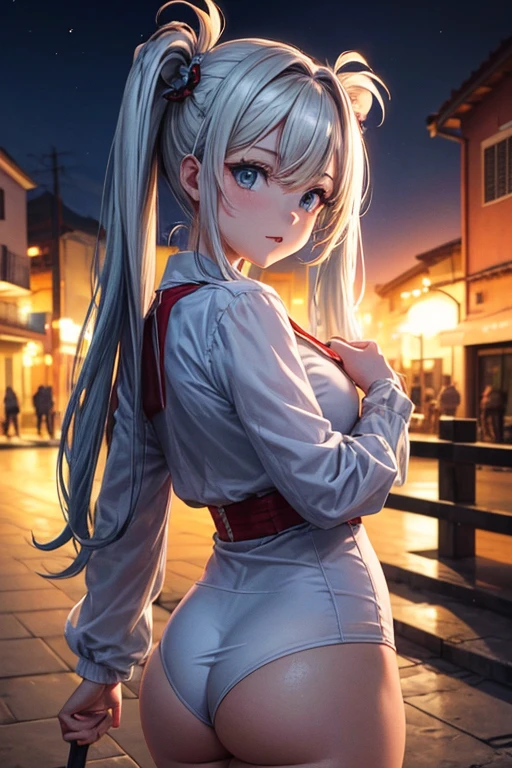 obra de arte, melhor qualidade, HuTaoV4, 1 garota, Sozinho, corar, twintails, Cabelo longo, cabelo entre os olhos, ((roupas de rua)), cidade, ao ar livre, noite, movie poster, 8K extremamente detalhado, suave, high resolution, ultra qualidade, cinematic lighting, Ambient Occlusion, High definition, 2k, 4K, 8k, 16K, anime extremamente detalhado, rostos detalhados, perfect composition, plano amplo, Atmospheric lighting, muito sexy, saia elevadora,mostrando a bunda para o espectador , sem censura, NSFW, sem censura