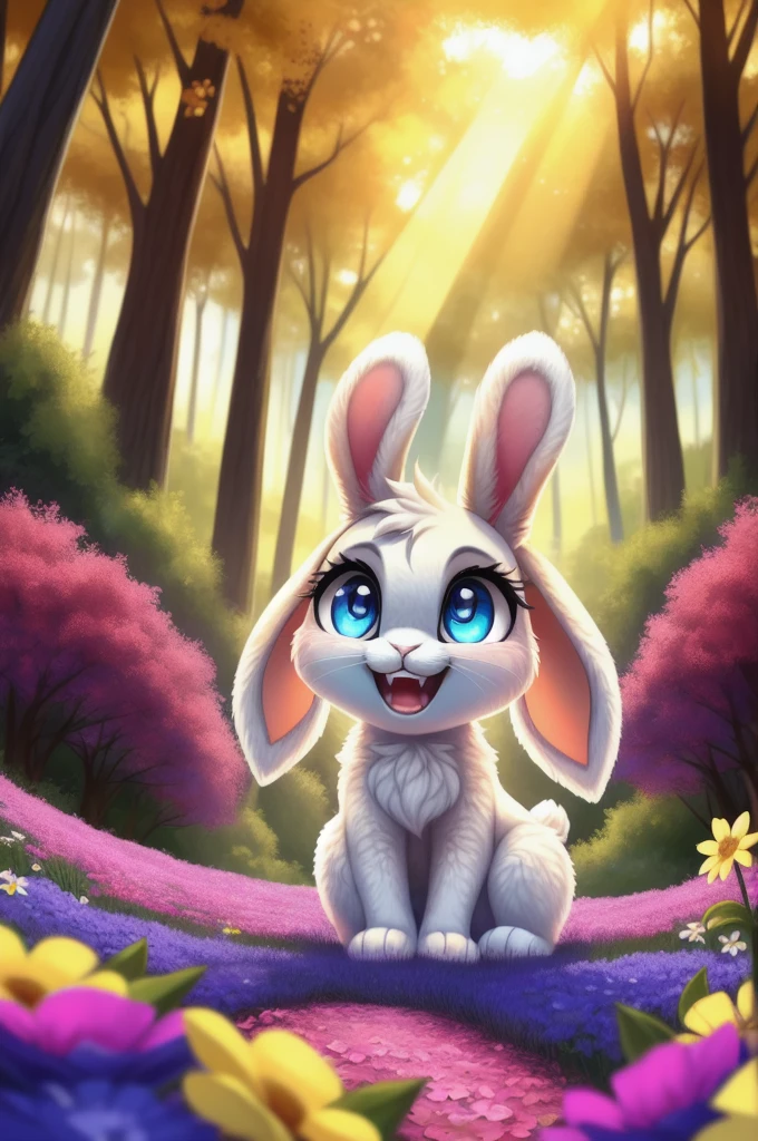 zoomed out image, fantasy style art, cute, adorable, tiny, small character, little fluffy female white bunny with blue eyes, 2 extra ears, 4 ears, big floppy ears, long ears, ears perked up, raised ears, 2 ears perked up and 2 ears flopping down, long eyelashes, poofy rabbit tail, smiling, standing on two hind feet, standing in a forest, big expressive smile, open mouth, wide eyes, excited eyes, excited face, stunning visuals, sunlight coming through the trees, colorful flowers scattered in the bushes, digital illustration