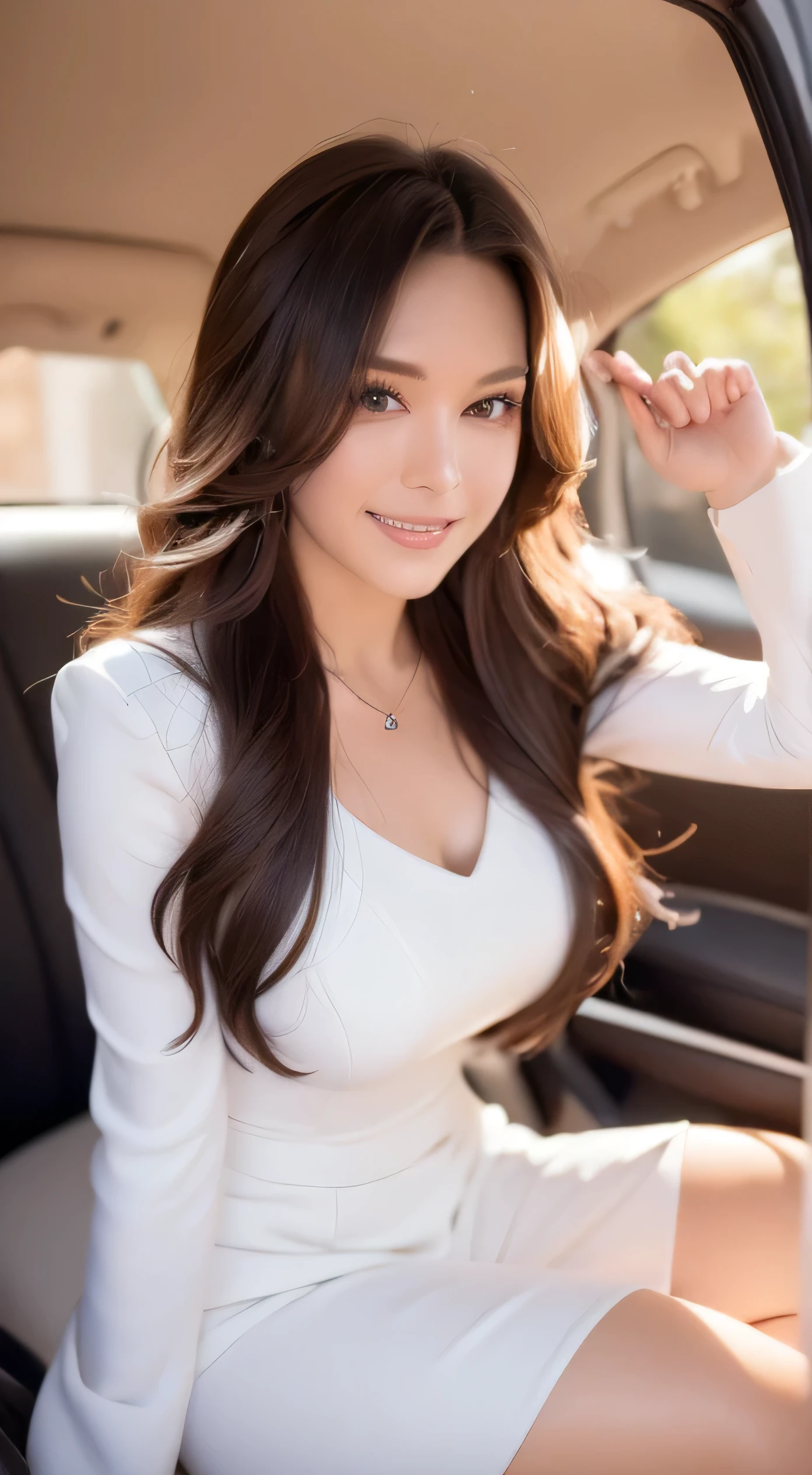 ((highest quality, 8k, masterpiece: 1.3)), concentrated: 1.2, Perfect body beauty: 1.4, Hip: 1.2, Big Breasts: 1.2, ((Delicate long hair)), (sparkling dress: 1.1) , Panty shot, White sexy panties,(sports car, street: 1.2),Black Suit, Highly detailed face and skin texture, Beautiful Eyes, double eyelid, White skin, smile, Wearing necklace, ring, Woman sitting in car.