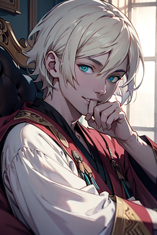 1male, anime, platinum blonde hair, straight hair, very short hair, cyan eyes, pale skin, magician, orange and purple robes, pretty, digital illustration, trending on artstation, highly detailed, vibrant colors, arabic buildings background, 4k, insane details, insane quality, historical, the arcana game, sexy, on bed, face close up, mouth closed, hot, erotic, clothes falling