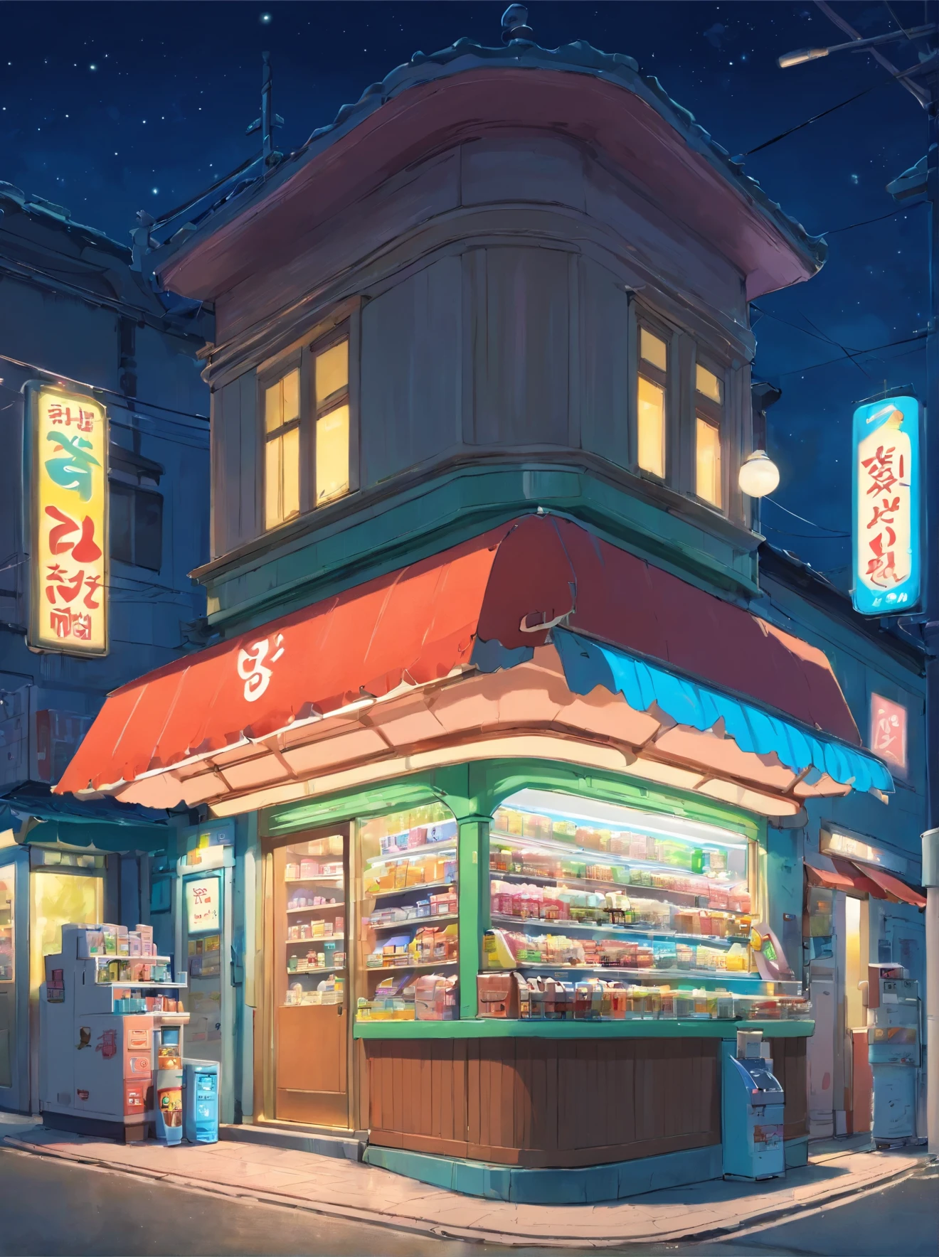 midnight convenience store, best quality, masterpiece, very aesthetic, perfect composition, intricate details, ultra-detailed, by Piotr Jaboński