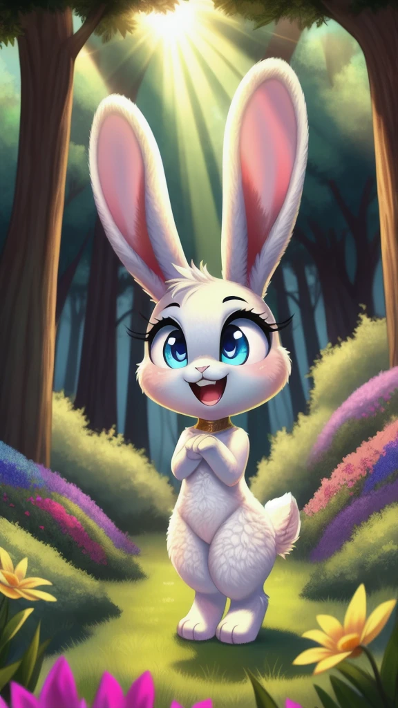 zoomed out image, fantasy style art, cute, adorable, tiny, short character, little fluffy female white bunny with blue eyes, 2 extra ears, 4 ears, big floppy ears, long ears, ears perked up, raised ears, 2 ears perked up and 2 ears flopping down, long eyelashes, poofy rabbit tail, smiling, standing on two hind feet, standing in a forest, big expressive smile, open mouth, wide eyes, excited eyes, excited face, stunning visuals, sunlight coming through the trees, colorful flowers scattered in the bushes, digital illustration