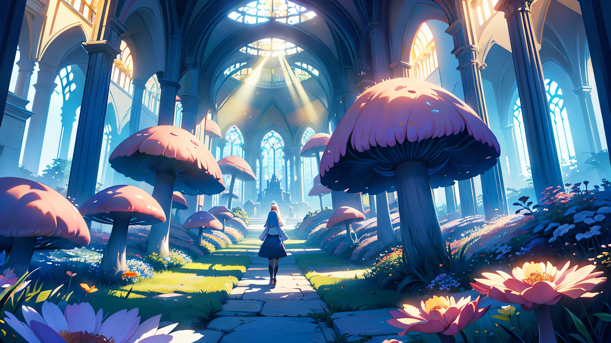 An ultra-detailed masterpiece, best in quality, presented in a stunning 8K resolution, showcasing a surrealistic wonderland from Alice in Wonderland. An open space. With vast blue sky. The soft phosphoric light, complemented by dynamic lighting effects, creating a whimsical and magical atmosphere reminiscent of divine worship. flowers, with mushrooms decorate the background. Daylight and heavenly glow. Beautiful and mystical, out of the world
