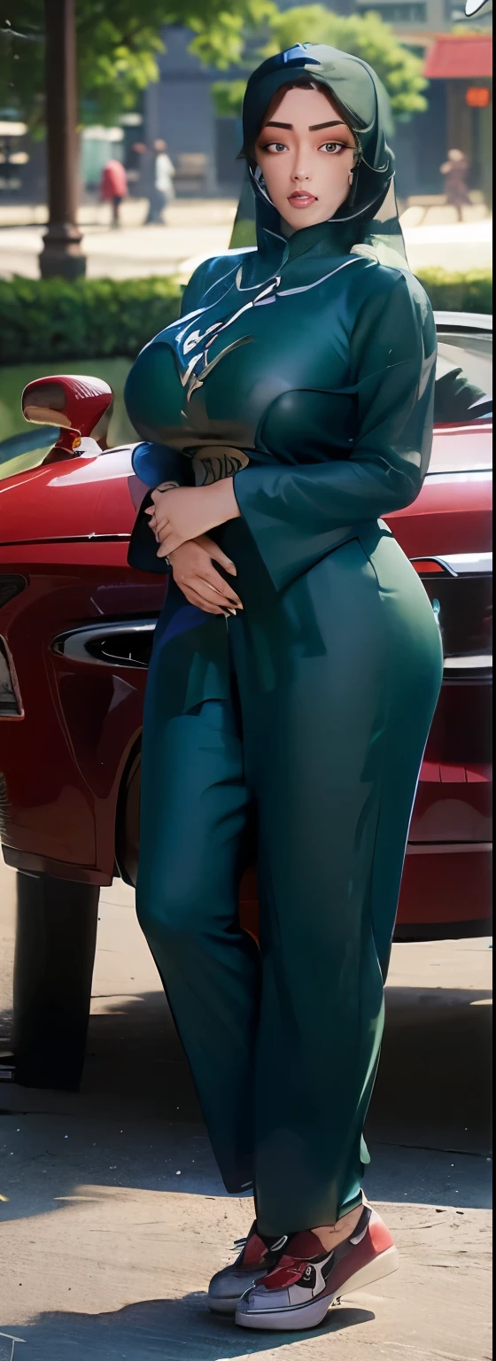 chinese-Indonesian girl, modern plain long hijab, shy, medium portrait, watery eyes, wearing blue dark green kebaya, ((big breasts)), black bokeh background, well-proportioned body,, chubby massive thighs, full body pose, Hena art on the body, hena art on arms, full body view , wearing red sneakers , fat thigh
