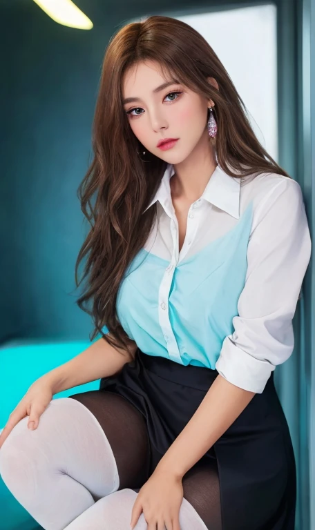 ((Top Quality、16K、​masterpiece:1.3))、a tall and beautiful woman、Perfect Figure:1.4、retro futuristic aesthetic, young girl (charming) solo, pale-brown hair (60s hairstyle), realistic hair, realistic eyes, pale-white skin (highlighted, realistic shading)、huge bust、Highly detailed facial and skin texture、(A detailed eye, Symmetry Eyes, Clear realistic eyes, Double eyelidd、Cold-stricken face、Symmetrical face), very  realistic skin, goth makeup, Royal sisters full of fans、The Telegraph Esbian、peach buttocks, white women's shirt, alternative skirt, black tights,  squart、(Raw foto:1.2)、((Photorealcitic:1.4))Top Quality、​masterpiece、Real Photography、very delicate and beautiful.、super detailed CG、Unity、8K photo wallpaper、delicate detail、best qualtiy、Highly detailed CG unity 16k wallpaper、absurderes、Incredibly Absurd、huge file size、extremely highly detailed、Hight Resolution、ighly Details、Beautiful detail girl、extremely beautiful eyes and face, cute eyes look、Facial light、cinematic lightings、(Proportional hips, thick thighs, beautiful legs, realistic pantyhose) 1girll、see -through, inside a futuristic house (neon, magenta and pastel cyan lights) 、ulzzang-6500、The Telegraph Esbian, different poses at different angles,