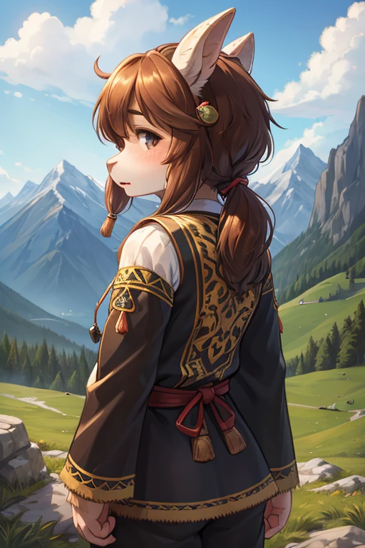 rear Bokeh , hairy goat girl , realistic hairy fur , round face , moist eyes , Swollen cheeks , glossy lips , Hair ties , Swiss traditional costume , Why can I hear the whistle so far away, Why are those clouds waiting for me,Tell me, Grandpa, in the Mountains in Alm , front view , back shot , side view