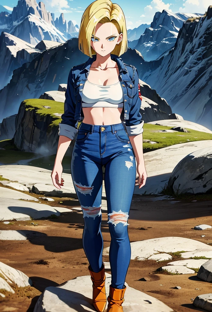  Android 18, jean pants, jeans jacket, white tshirt, torn clothes, focus on neckline, above view, white bra, looking to the viewer, grabbing neckline, standing, in the mountains 