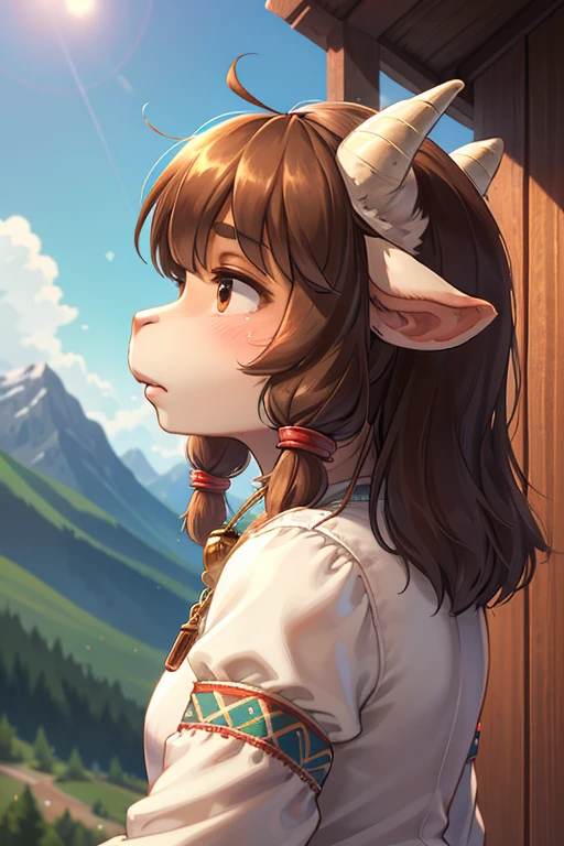 rear Bokeh , hairy goat girl , realistic hairy fur , round face , moist eyes , Swollen cheeks , glossy lips , Hair ties , Swiss traditional summer costume , Why can I hear the whistle so far away, Why are those clouds waiting for me,Tell me, Grandpa, in the Mountains in Alm , front view , back shot , side view