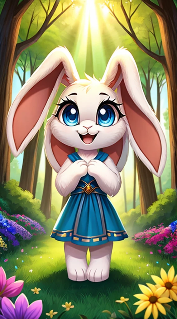 zoomed out image, fantasy style art, cute, adorable, tiny, little fluffy female white bunny with blue eyes, 2 extra ears, 4 ears, big floppy ears, long ears, ears perked up, raised ears, long eyelashes, poofy rabbit tail, smiling, standing on two hind feet, standing in a forest, big expressive smile, open mouth, wide eyes, excited eyes, excited face, stunning visuals, sunlight coming through the trees, colorful flowers scattered in the bushes, digital illustration