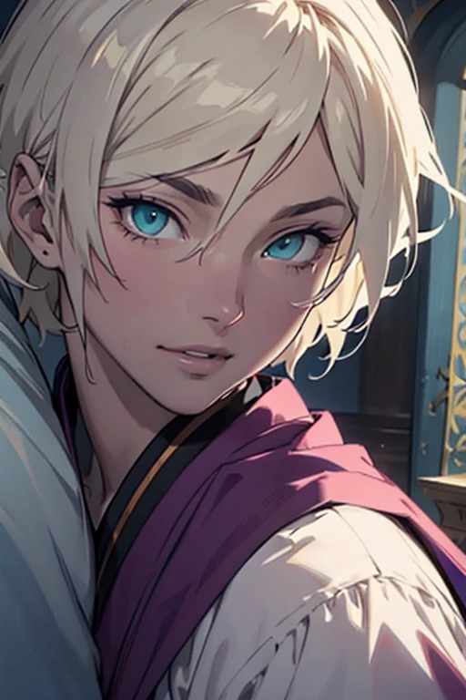 1male, anime, platinum blonde hair, straight hair, very short hair, cyan eyes, pale skin, magician, orange and purple robes, pretty, digital illustration, trending on artstation, highly detailed, vibrant colors, arabic buildings background, 4k, insane details, insane quality, historical, the arcana game, sexy, on bed, face close up, mouth closed, hot, erotic, clothes falling