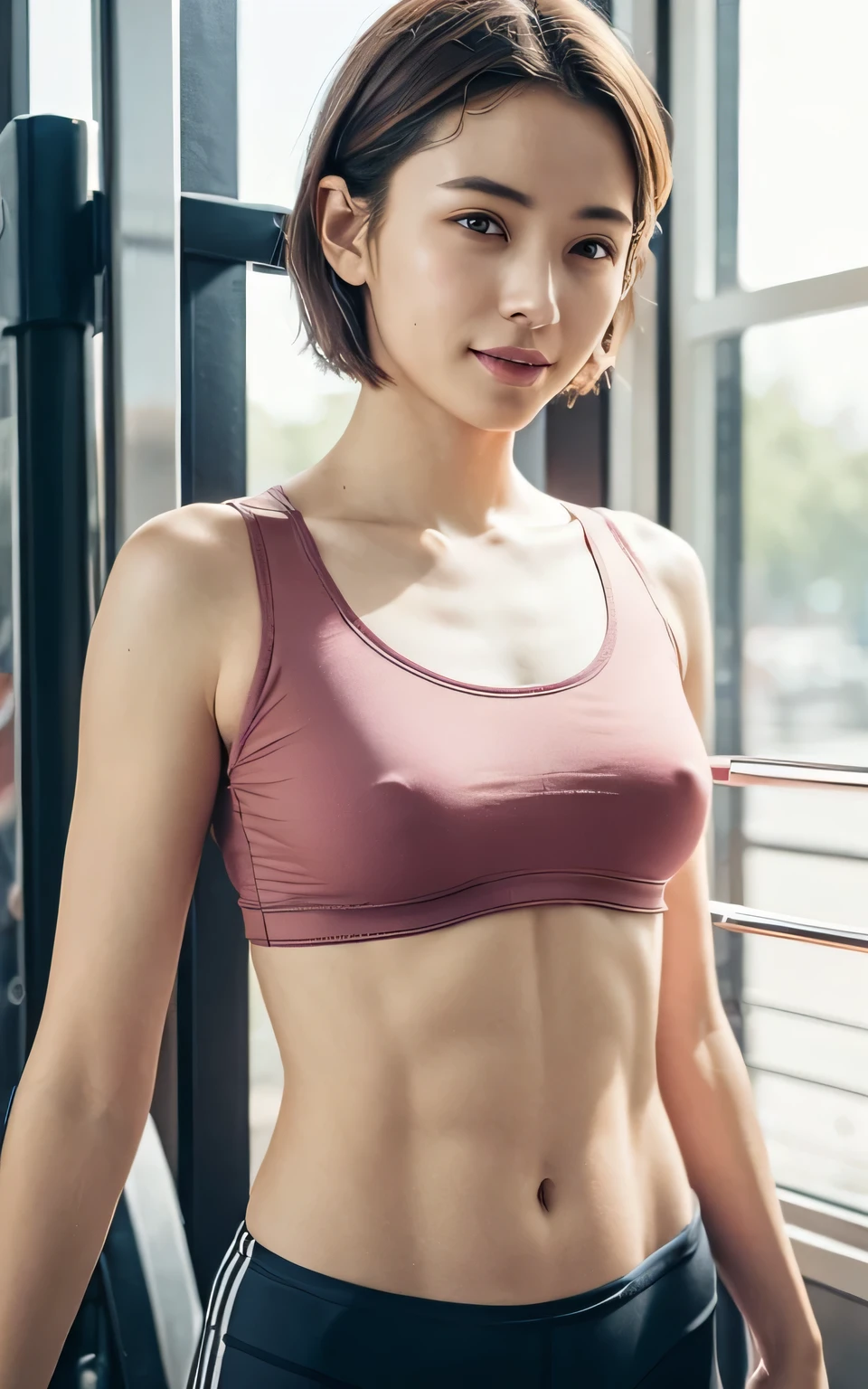 Highly detailed CG Unity 8k wallpaper, of the highest quality, masutepiece, Realistic, photographrealistic, Highly detailed beautiful woman, ((Bery short hair)), cleavage , (get sweaty) , Round eyes, Realistic female hands, viewer,  blush, Smile, ((Tall pretty woman)), ((Vertical navel)), full body photographed ,  Tank top , sports wear, ((Muscle training)), squatt, (((Thin sportswear))), sports gym,(no bra:1.3),(camel toe:1.1),