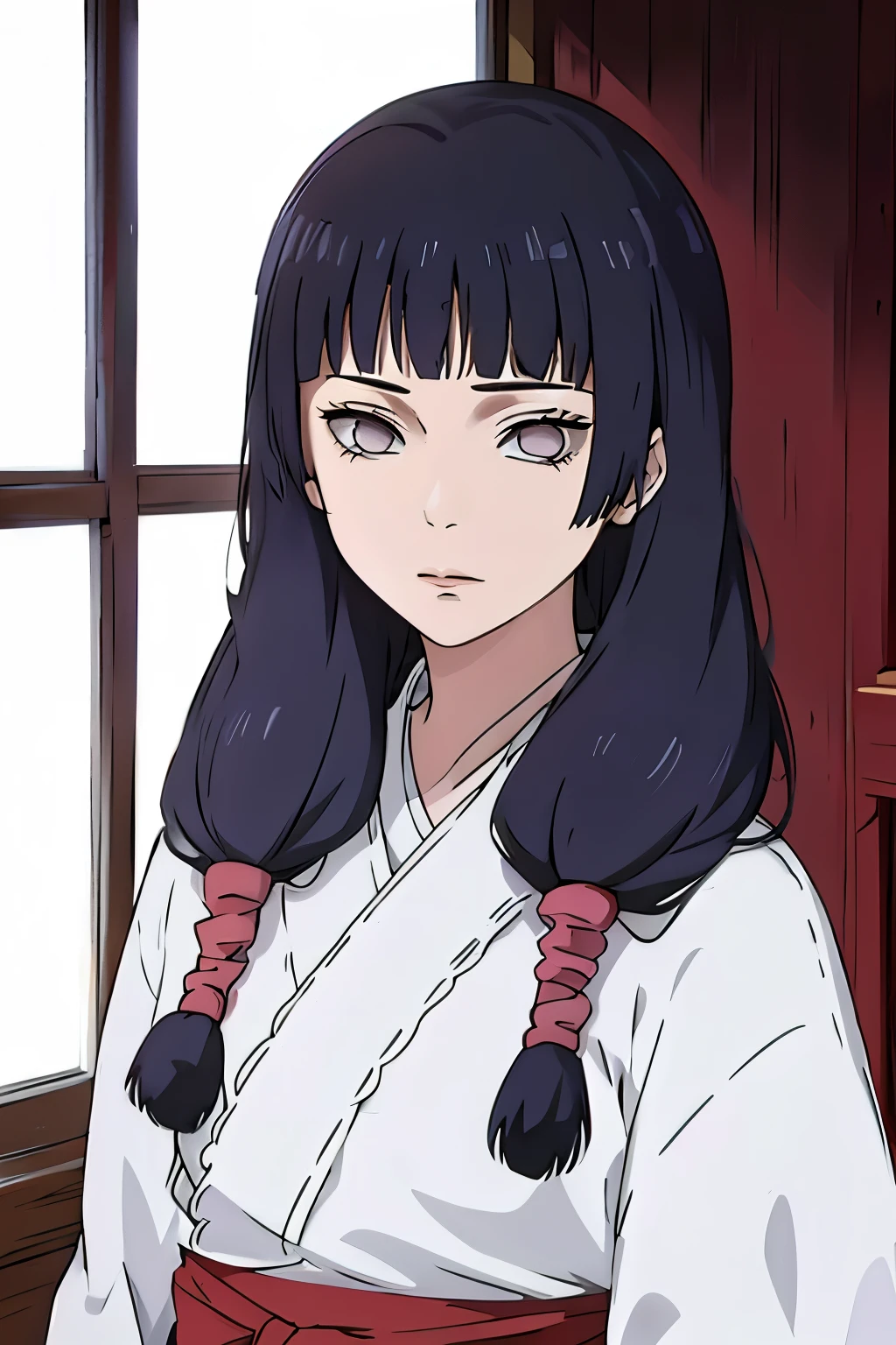 a close up of a person with long hair wearing a white kimono, red hakama, hinata hyuga, anime portrait of hinata hyuga from naruto, hime cut hairstyle, female anime character, anime visual of a cute girl, blunt bangs, dark blue hair, purple eyes