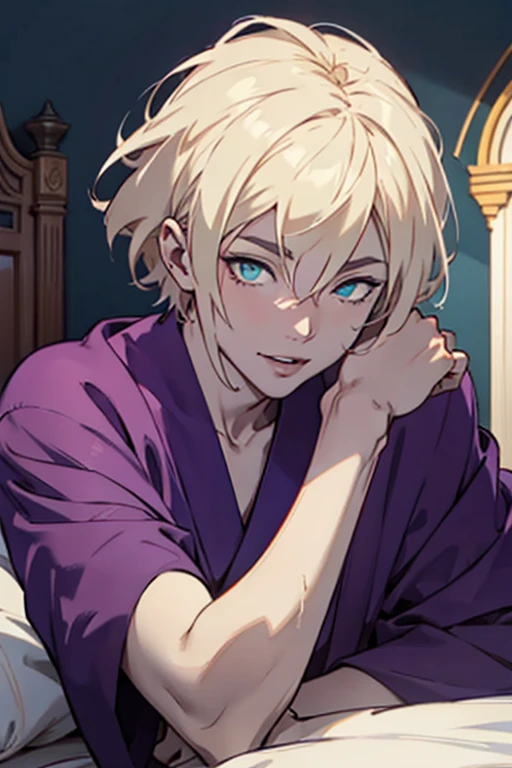 1male, anime, platinum blonde hair, straight hair, very short hair, cyan eyes, pale skin, magician, orange and purple robes, pretty, digital illustration, trending on artstation, highly detailed, vibrant colors, arabic buildings background, 4k, insane details, insane quality, historical, the arcana game, sexy, on bed, face close up, mouth closed, hot, erotic, clothes falling