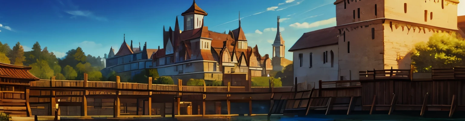 The town is defended by a wooden palisade and towers. guild, (background), (no humans:1.5)