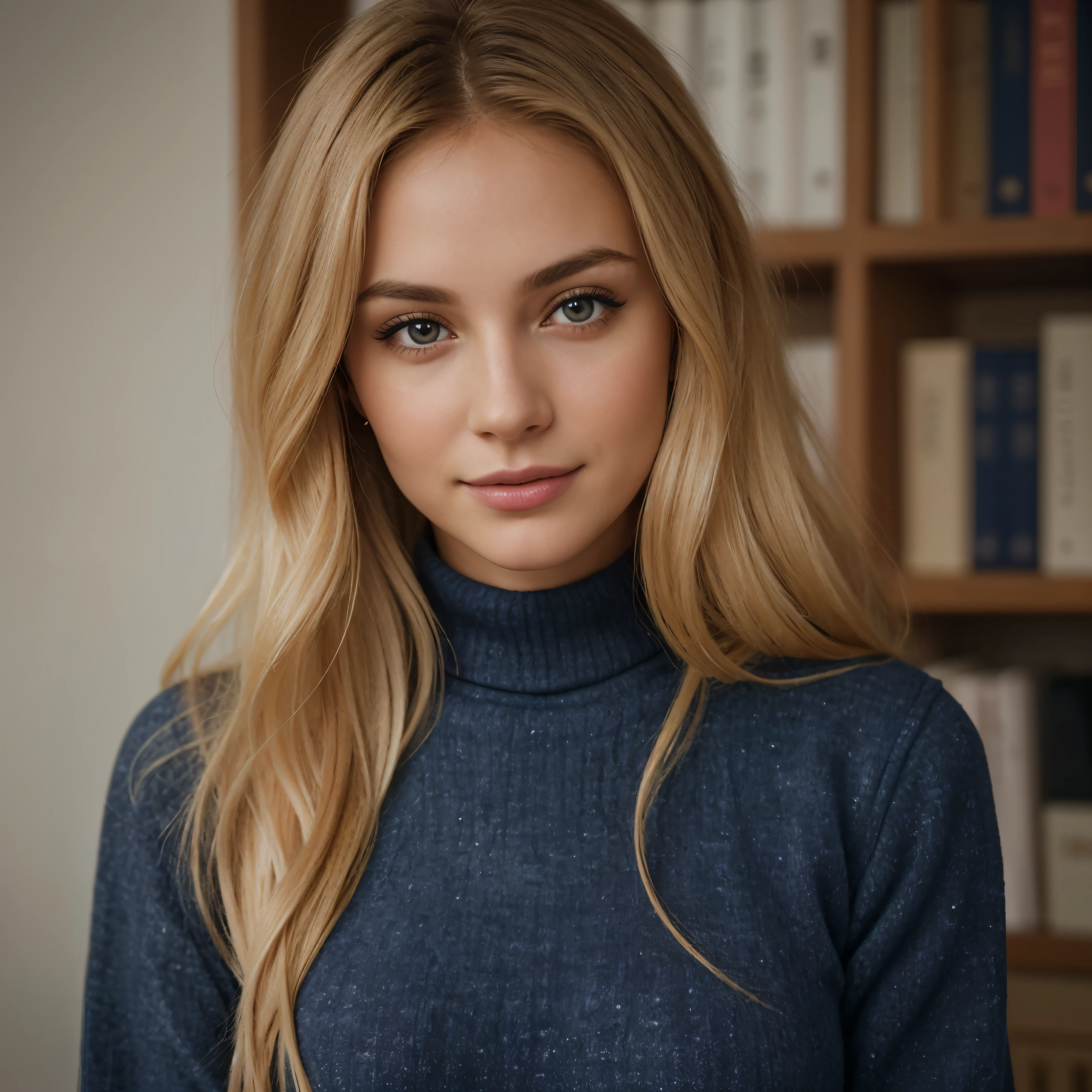 Ultra high resolution, (Photorealistic: 1.4), UHD, best quality, ultra-detailed, ultra-realistic, real photo, lonely, sparkle, Sony FE GM, UHD, retina, masterpiece, ccurate, anatomically correct, high details, super detail, high quality, 8k, highres. 1 woman, blonde woman, 24 years old, long blonde hair, delicate features, (real texture:1.3),(slender figure:1.1) detailed face, thin face, brown eyes, (eye reflection), teacher look, light smile, beautiful, perfect body (medium breasts), fitness body balanced, ((wearing dark blue pullover, jeans)). Photographing in the work studio, sitting in a beige armchair, in the background a bookshelf with some books, work of instagram influencer, (looking at the viewer: 1.2) (skin white texture) ( film grain: 1.3), (warm tone, warm tone: 1.2), close-up, .....RAW, upper half of body.