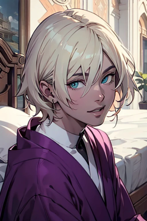 1male, anime, platinum blonde hair, straight hair, very short hair, cyan eyes, pale skin, magician, orange and purple robes, pretty, digital illustration, trending on artstation, highly detailed, vibrant colors, arabic buildings background, 4k, insane details, insane quality, historical, the arcana game, sexy, on bed, face close up, mouth closed, hot, erotic, clothes falling