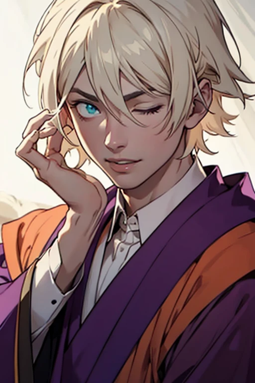 1male, anime, platinum blonde hair, straight hair, very short hair, cyan eyes, pale skin, magician, orange and purple robes, pretty, digital illustration, trending on artstation, highly detailed, vibrant colors, arabic buildings background, 4k, insane details, insane quality, historical, the arcana game, sexy, on bed, face close up, mouth closed, hot, erotic, clothes falling