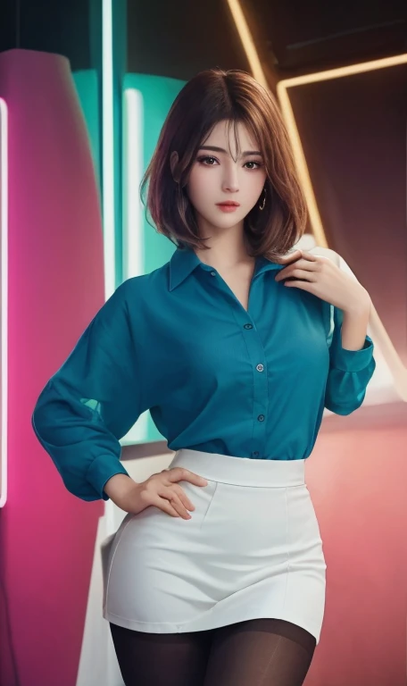 ((Top Quality、16K、​masterpiece:1.3))、a tall and beautiful woman、Perfect Figure:1.4、retro futuristic aesthetic, young girl (charming) solo, pale-brown hair (60s hairstyle), realistic hair, realistic eyes, pale-white skin (highlighted, realistic shading)、huge bust、Highly detailed facial and skin texture、(A detailed eye, Symmetry Eyes, Clear realistic eyes, Double eyelidd、Cold-stricken face、Symmetrical face), very  realistic skin, goth makeup, Royal sisters full of fans、The Telegraph Esbian、peach buttocks, white women's shirt, alternative skirt, black tights,  squart、(Raw foto:1.2)、((Photorealcitic:1.4))Top Quality、​masterpiece、Real Photography、very delicate and beautiful.、super detailed CG、Unity、8K photo wallpaper、delicate detail、best qualtiy、Highly detailed CG unity 16k wallpaper、absurderes、Incredibly Absurd、huge file size、extremely highly detailed、Hight Resolution、ighly Details、Beautiful detail girl、extremely beautiful eyes and face, cute eyes look、Facial light、cinematic lightings、(Proportional hips, thick thighs, beautiful legs, realistic pantyhose) 1girll、see -through, inside a futuristic house (neon lights, magenta and cyan lights) 、ulzzang-6500、The Telegraph Esbian, different poses at different angles,