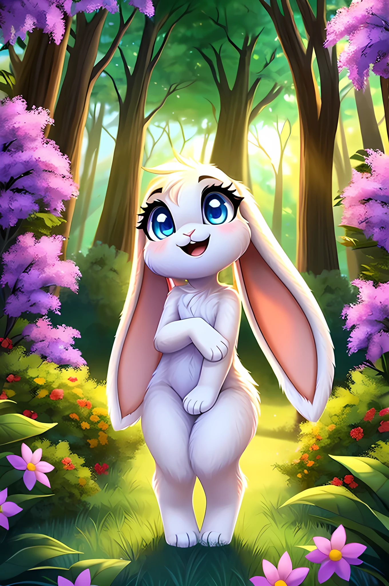zoomed out image, fantasy style art, cute, adorable, tiny, small character, little fluffy anthropomorphic female white bunny with blue eyes, 2 extra ears, 4 ears, big floppy ears, long ears, ears perked up, raised ears, 2 ears perked up and 2 ears flopping down, long eyelashes, poofy rabbit tail, smiling, standing in a forest, big expressive smile, open mouth, wide eyes, excited eyes, excited face, stunning visuals, sunlight coming through the trees, colorful flowers scattered in the bushes, digital illustration