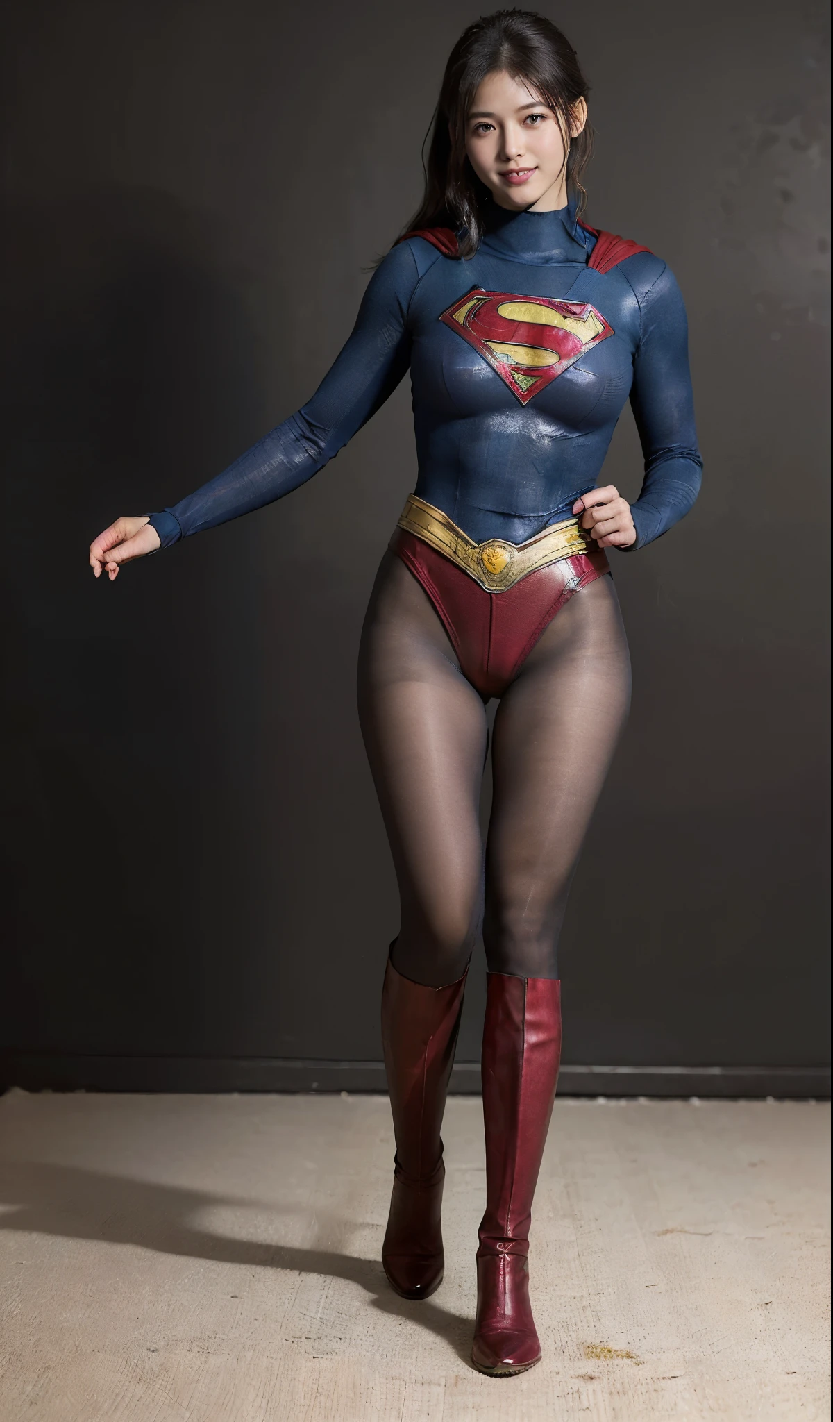 No background、(((Beautiful legs in black tights.)))、(((Legally express the beauty of your smile)))、((((Make the most of your original images)))、(((Supergirl Costume)))、(((beautiful short bob hair)))、(((suffering)))、(((Please wear black tights....、Wear red boots)))、((Best image quality、8K))、((highest quality、8K、masterpiece:1.3))、(((Preserve background )))、Sharp focus:1.2、Beautiful woman with perfect figure:1.4、Thin abdominal muscles:1.2、Wet body:1.5、Highly detailed face and skin texture、8K