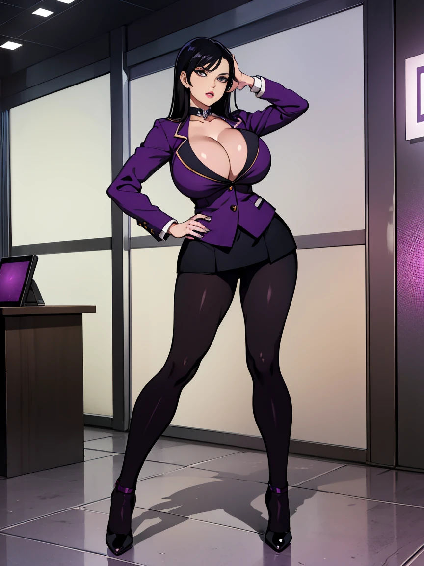 Chanel black hair, purple seduction  eyes, woman, cleavage, High heels, thick thighs, lady office uniform, Presentation pose.Full body and standing.