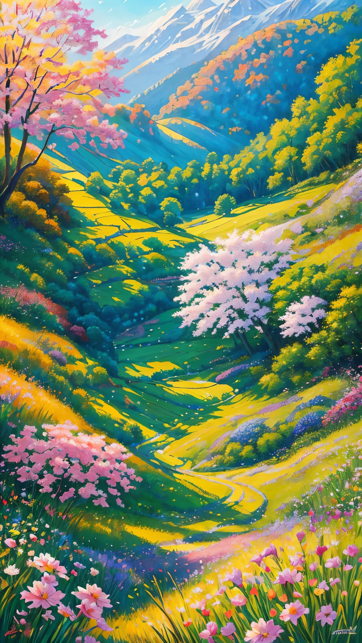 (best quality,realistic:1.2,highres),a lush green field, vibrant colorful flowers dotting the landscape,portraying the beauty of nature and the joy we can find in God's creation,illustration,extraordinary level of detail,stunning visual representation,impressive variety of flowers,serene atmosphere,sunlit scene,every blade of grass rendered with utmost precision,rich and vibrant colors,exquisite brushstrokes,picture-perfect composition,painting with a touch of impressionism,soft natural lighting,immersive experience,emphasizing the intricate details of the flowers,captivating and lifelike portrayal,awe-inspiring view,professional-level artwork,invoking a sense of tranquility and happiness.