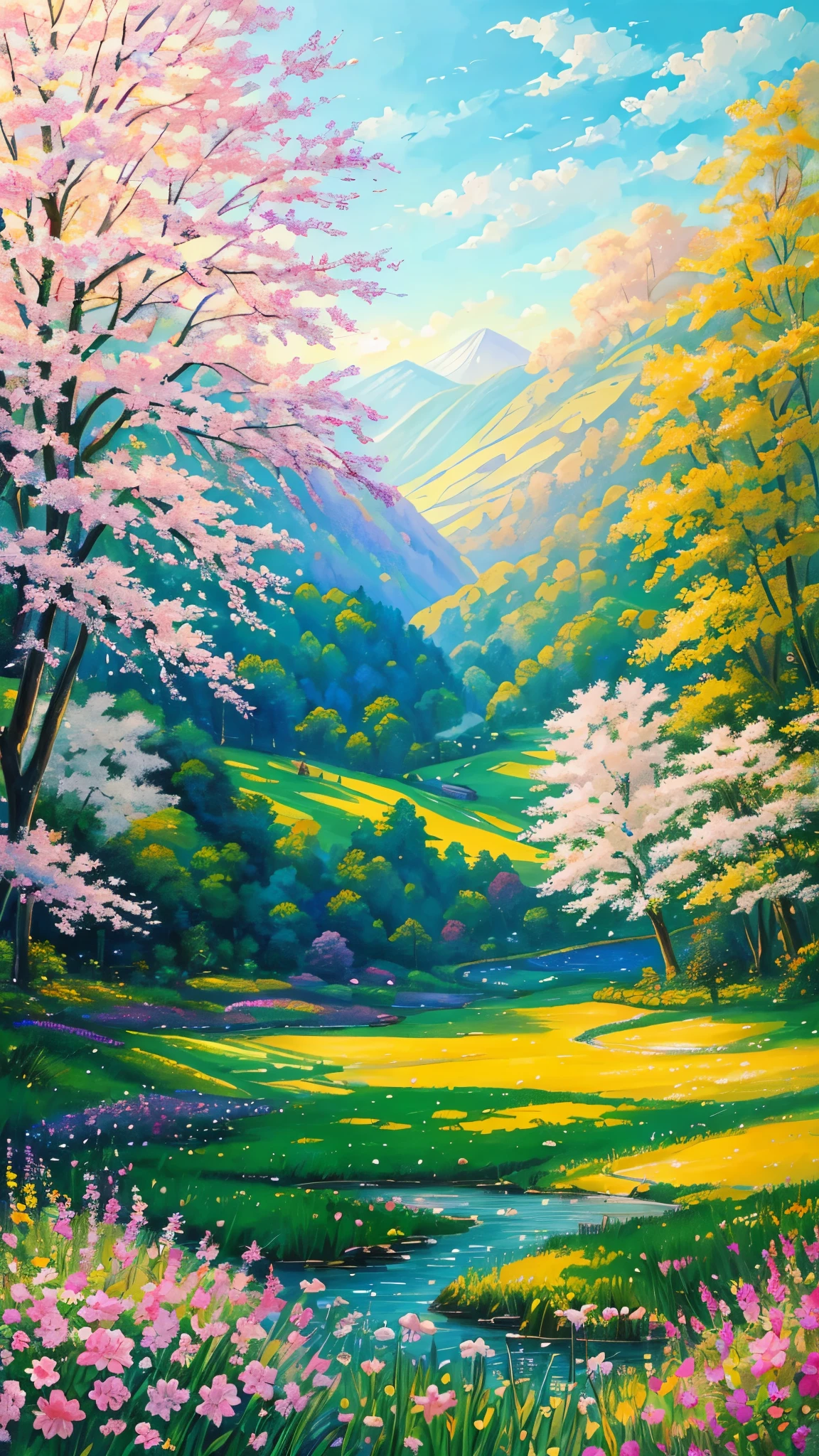 (best quality,realistic:1.2,highres),a lush green field, vibrant colorful flowers dotting the landscape,portraying the beauty of nature and the joy we can find in God's creation,illustration,extraordinary level of detail,stunning visual representation,impressive variety of flowers,serene atmosphere,sunlit scene,every blade of grass rendered with utmost precision,rich and vibrant colors,exquisite brushstrokes,picture-perfect composition,painting with a touch of impressionism,soft natural lighting,immersive experience,emphasizing the intricate details of the flowers,captivating and lifelike portrayal,awe-inspiring view,professional-level artwork,invoking a sense of tranquility and happiness.