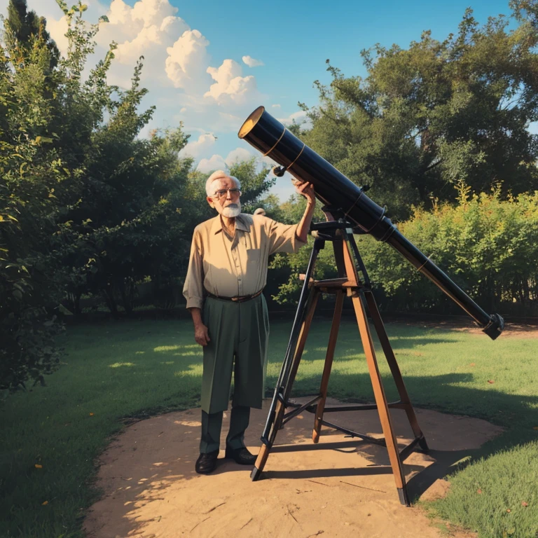 Old vintage man observing the sky with his antique telescope in his yard