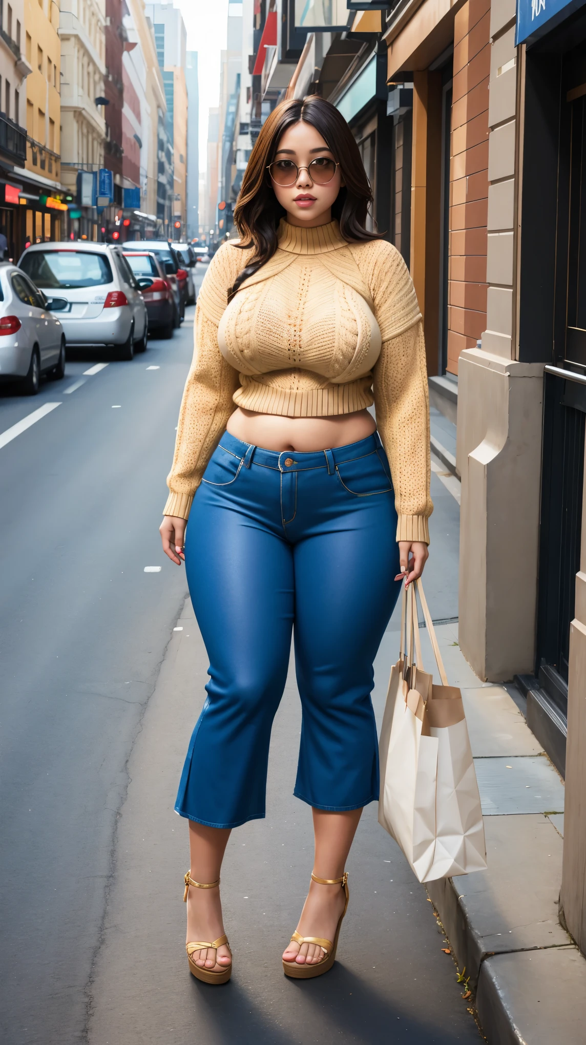 Woman in street, curvy body, very detail ,wide hips, loong legs ,thick high, full body in camera, wearing strap wedges, cropped knitted sweater,baggy pants