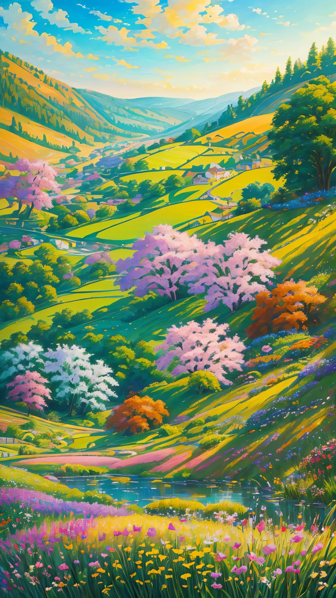 (best quality,realistic:1.2,highres),a lush green field, vibrant colorful flowers dotting the landscape,portraying the beauty of nature and the joy we can find in God's creation,illustration,extraordinary level of detail,stunning visual representation,impressive variety of flowers,serene atmosphere,sunlit scene,every blade of grass rendered with utmost precision,rich and vibrant colors,exquisite brushstrokes,picture-perfect composition,painting with a touch of impressionism,soft natural lighting,immersive experience,emphasizing the intricate details of the flowers,captivating and lifelike portrayal,awe-inspiring view,professional-level artwork,invoking a sense of tranquility and happiness.