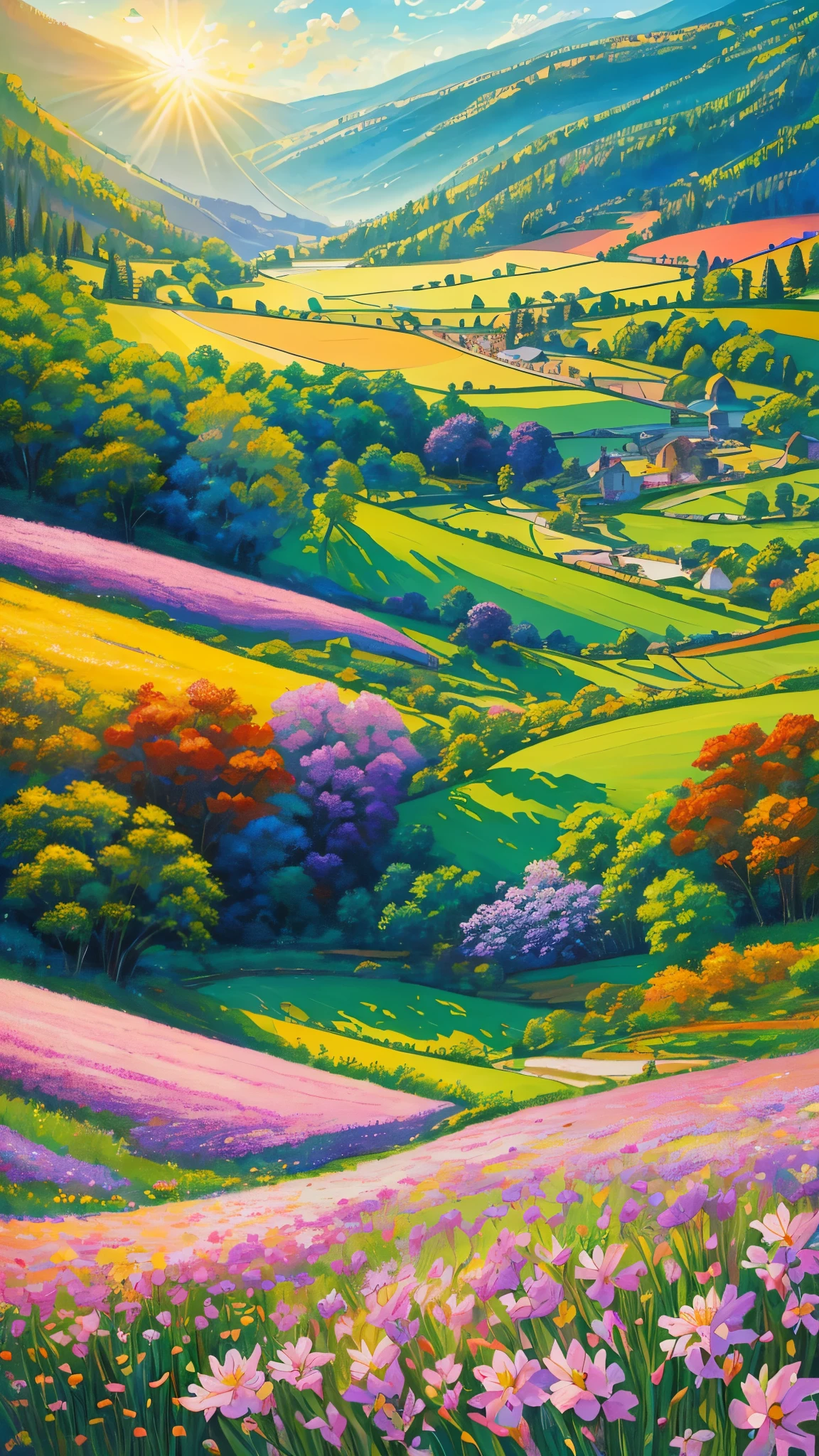 (best quality,realistic:1.2,highres),a lush green field, vibrant colorful flowers dotting the landscape,portraying the beauty of nature and the joy we can find in God's creation,illustration,extraordinary level of detail,stunning visual representation,impressive variety of flowers,serene atmosphere,sunlit scene,every blade of grass rendered with utmost precision,rich and vibrant colors,exquisite brushstrokes,picture-perfect composition,painting with a touch of impressionism,soft natural lighting,immersive experience,emphasizing the intricate details of the flowers,captivating and lifelike portrayal,awe-inspiring view,professional-level artwork,invoking a sense of tranquility and happiness.
