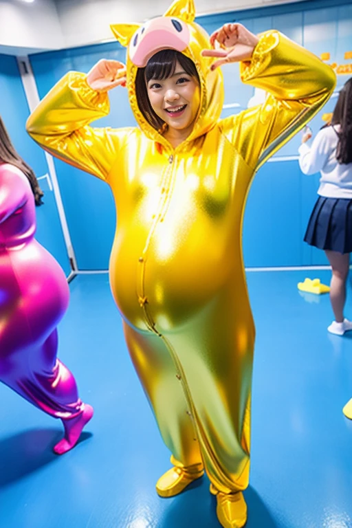 live-action　schoolgirl　gold　Research Facilities　Japanese　Pregnant belly　A group of girls in pig-shaped Zentai long dresses are changing into slime rubber suits　Shiny rubber suit dress　Slime monster transformation　smile