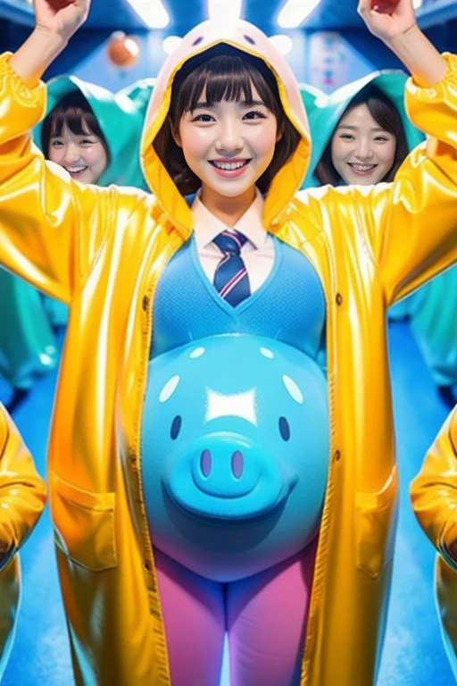 live-action schoolgirl gold Research Facilities Japanese Pregnant belly A group of girls in pig-shaped Zentai long dresses are changing into slime rubber suits Shiny rubber suit dress Slime monster transformation smile