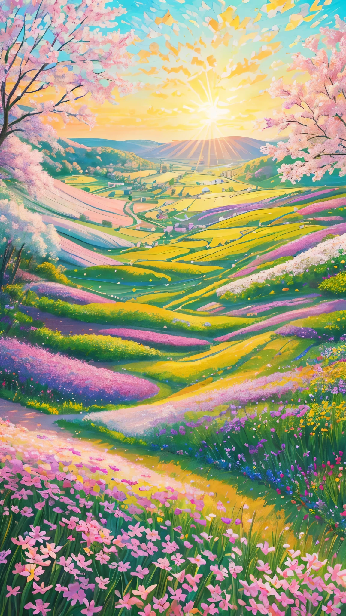 (best quality,realistic:1.2,highres),a lush green field, vibrant colorful flowers dotting the landscape,portraying the beauty of nature and the joy we can find in God's creation,illustration,extraordinary level of detail,stunning visual representation,impressive variety of flowers,serene atmosphere,sunlit scene,every blade of grass rendered with utmost precision,rich and vibrant colors,exquisite brushstrokes,picture-perfect composition,painting with a touch of impressionism,soft natural lighting,immersive experience,emphasizing the intricate details of the flowers,captivating and lifelike portrayal,awe-inspiring view,professional-level artwork,invoking a sense of tranquility and happiness.
