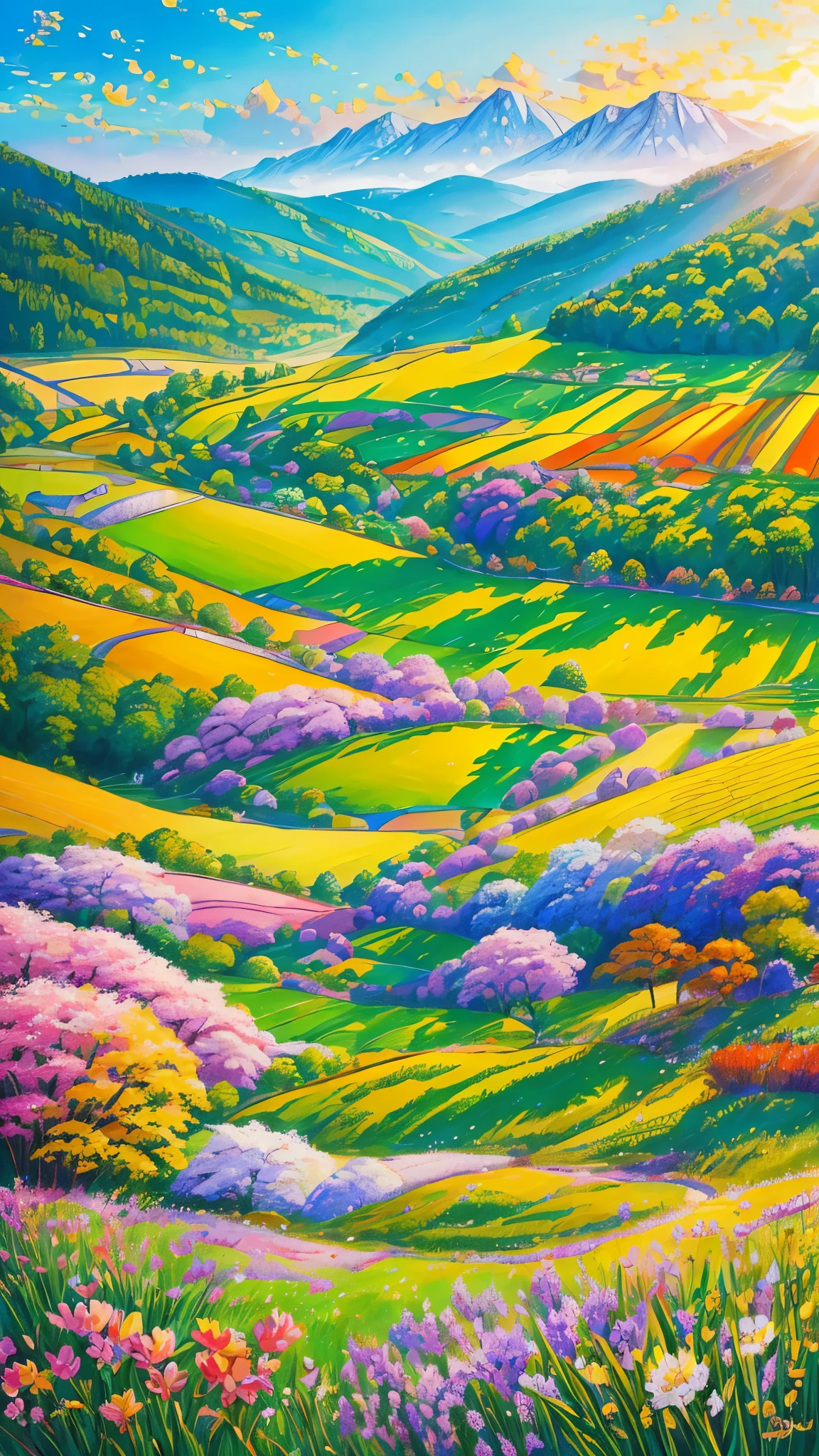 (best quality,realistic:1.2,highres),a lush green field, vibrant colorful flowers dotting the landscape,portraying the beauty of nature and the joy we can find in God's creation,illustration,extraordinary level of detail,stunning visual representation,impressive variety of flowers,serene atmosphere,sunlit scene,every blade of grass rendered with utmost precision,rich and vibrant colors,exquisite brushstrokes,picture-perfect composition,painting with a touch of impressionism,soft natural lighting,immersive experience,emphasizing the intricate details of the flowers,captivating and lifelike portrayal,awe-inspiring view,professional-level artwork,invoking a sense of tranquility and happiness.