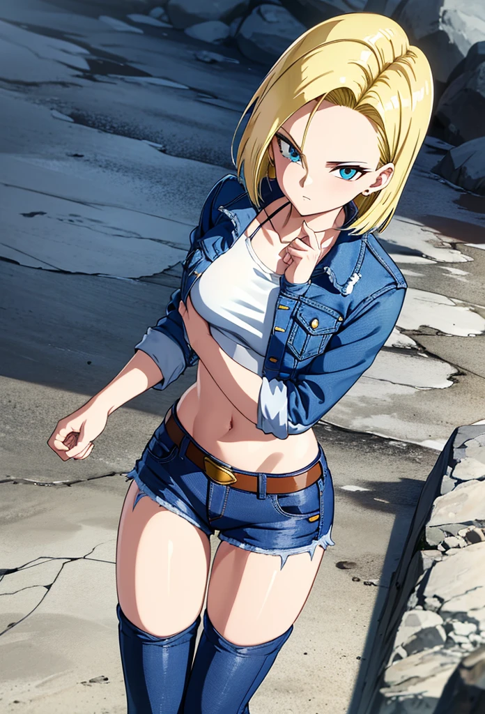  Android 18, jean skirt, jeans jacket, white tshirt, torn clothes, focus on neckline, above view, white bra, looking to the viewer, grabbing neckline, standing, in the mountains, black stockings, orange boots 