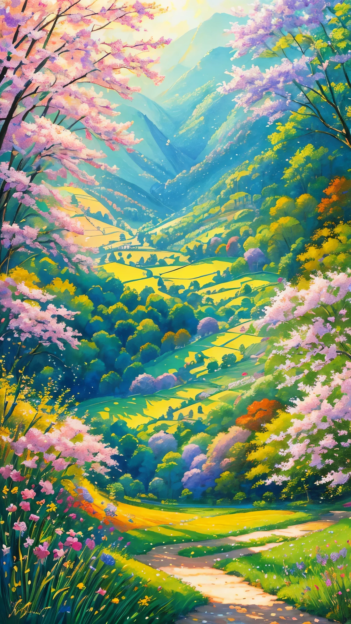 (best quality,realistic:1.2,highres),a lush green field, vibrant colorful flowers dotting the landscape,portraying the beauty of nature and the joy we can find in God's creation,illustration,extraordinary level of detail,stunning visual representation,impressive variety of flowers,serene atmosphere,sunlit scene,every blade of grass rendered with utmost precision,rich and vibrant colors,exquisite brushstrokes,picture-perfect composition,painting with a touch of impressionism,soft natural lighting,immersive experience,emphasizing the intricate details of the flowers,captivating and lifelike portrayal,awe-inspiring view,professional-level artwork,invoking a sense of tranquility and happiness.