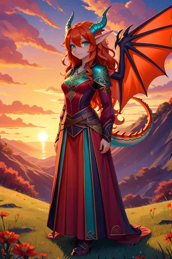 fantasy style art, beautiful Celtic dragon girl, European girl, long wavy bright orange hair, bright teal eyes, sparkling teal eyes looking at viewer, shapely body, skinny body, healthy body, purple and red warrior outfit, red clothes, 2 large orange dragon wings, orange dragon horns, on a hillside, sunset, high quality digital art, 2k, professional illustration