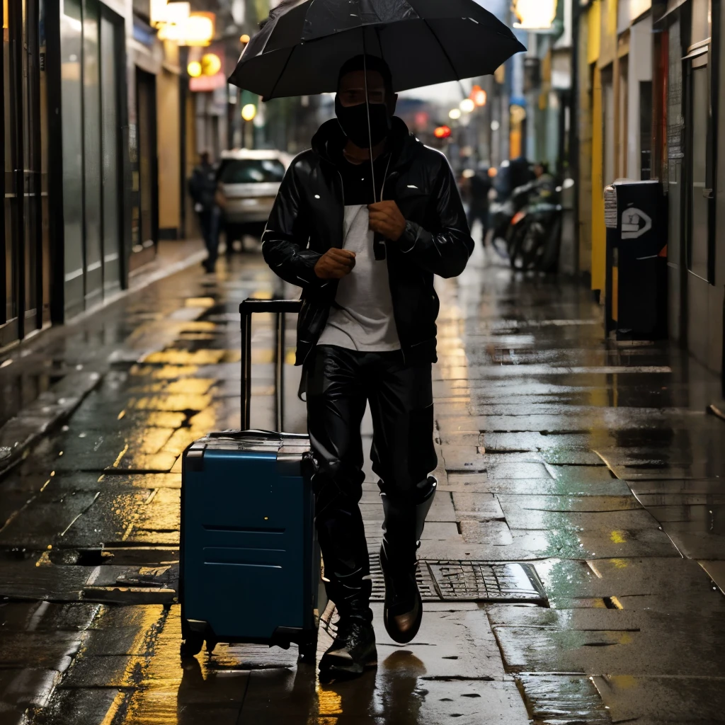 (Melhores tracos,melhor qualidade),, homem com guarda chuva andando por uma rua vazia com o clima nublado