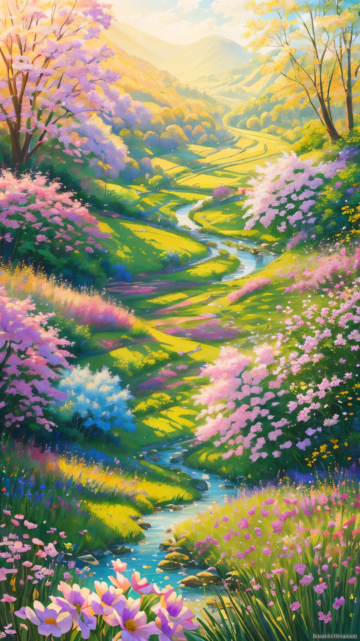 (best quality,realistic:1.2,highres),a lush green field, vibrant colorful flowers dotting the landscape,portraying the beauty of nature and the joy we can find in God's creation,illustration,extraordinary level of detail,stunning visual representation,impressive variety of flowers,serene atmosphere,sunlit scene,every blade of grass rendered with utmost precision,rich and vibrant colors,exquisite brushstrokes,picture-perfect composition,painting with a touch of impressionism,soft natural lighting,immersive experience,emphasizing the intricate details of the flowers,captivating and lifelike portrayal,awe-inspiring view,professional-level artwork,invoking a sense of tranquility and happiness.