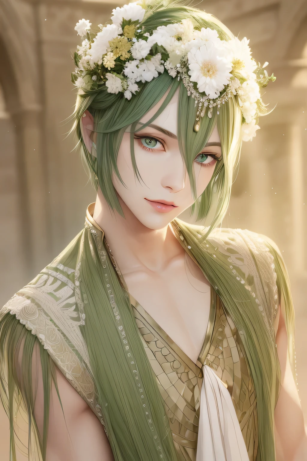 (best quality, lifelike), slender eyes, long eyelashes, thin lips, short flaxen-colored hair, bright green eyes shining like gems. Ancient Greek costume, handsome, wearing a fringe on his head, a strong sense of youth.
