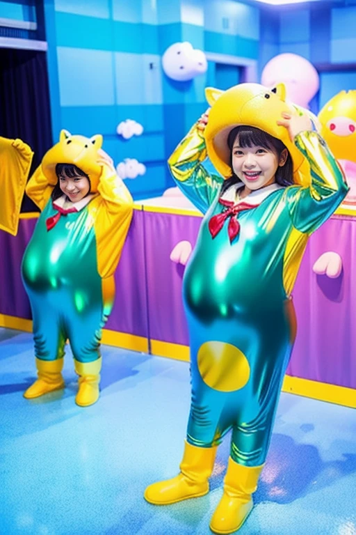 live-action　schoolgirl　gold　Research Facilities　Japanese　Pregnant belly　A group of girls in pig-shaped Zentai long dresses are changing into slime rubber suits　Shiny rubber suit dress　Slime monster transformation　smile