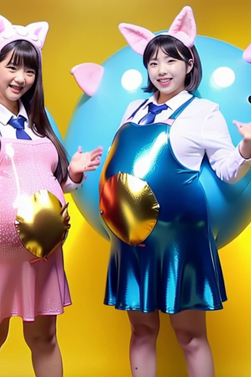 live-action schoolgirl gold Research Facilities Japanese Pregnant belly A group of girls in pig-shaped Zentai long dresses are changing into slime rubber suits Shiny rubber suit dress Slime monster transformation smile