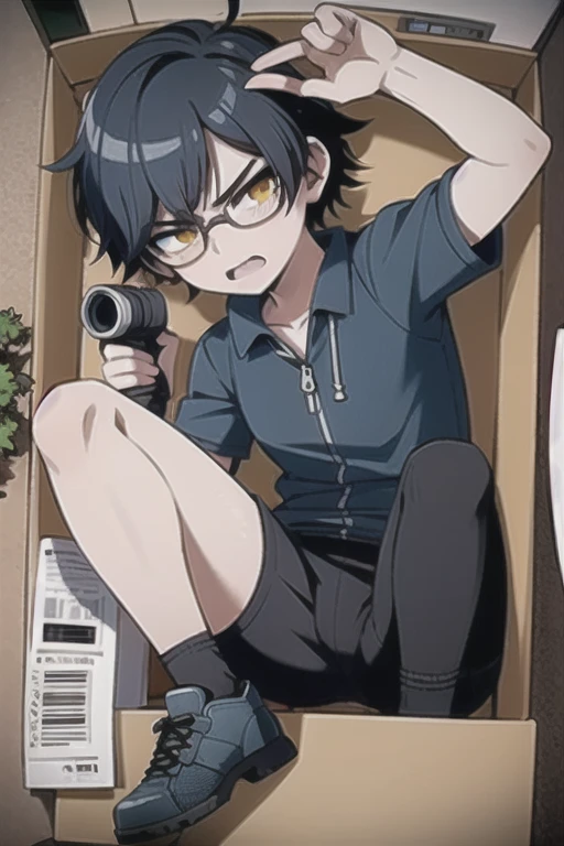 ((best quality)), ((masterpiece)), (detailed), perfect serious male face talent, youthful mean, drones, jock, nappy hair, glasses, anime, wizard, esentric style, hiker, magical, eye of Horus, drones, angry guy, holding hiking binoculars, hiker,(( Dark BLUE hair)), serious face, full body image, fit body, athletic gear fully clothed, messy hair, holding binoculars, wearing athletic clothing, special binoculars in hand