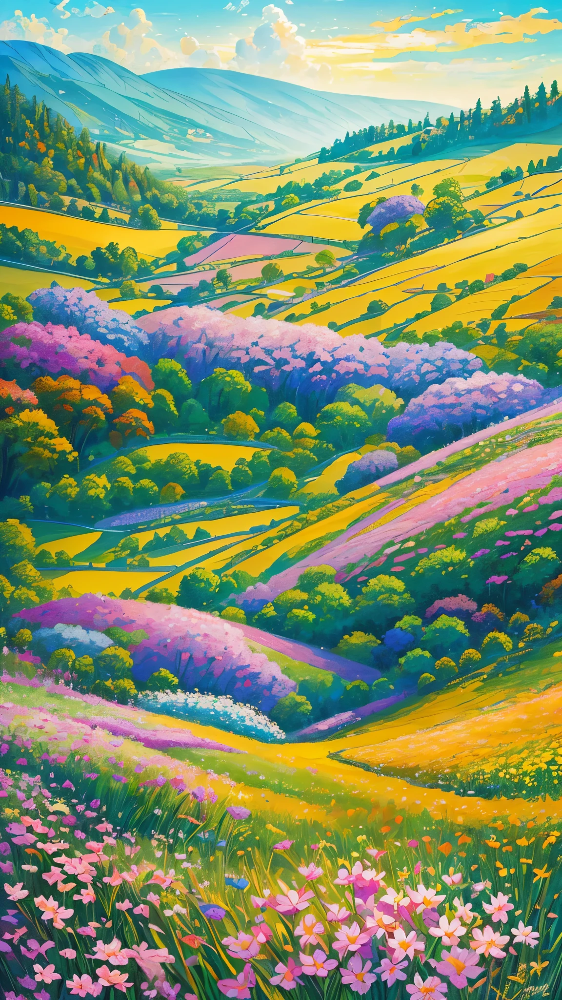 (best quality,realistic:1.2,highres),a lush green field, vibrant colorful flowers dotting the landscape,portraying the beauty of nature and the joy we can find in God's creation,illustration,extraordinary level of detail,stunning visual representation,impressive variety of flowers,serene atmosphere,sunlit scene,every blade of grass rendered with utmost precision,rich and vibrant colors,exquisite brushstrokes,picture-perfect composition,painting with a touch of impressionism,soft natural lighting,immersive experience,emphasizing the intricate details of the flowers,captivating and lifelike portrayal,awe-inspiring view,professional-level artwork,invoking a sense of tranquility and happiness.