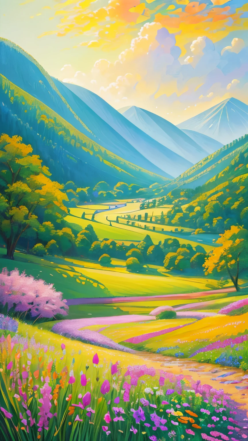 (best quality,realistic:1.2,highres),a lush green field, vibrant colorful flowers dotting the landscape,portraying the beauty of nature and the joy we can find in God's creation,illustration,extraordinary level of detail,stunning visual representation,impressive variety of flowers,serene atmosphere,sunlit scene,every blade of grass rendered with utmost precision,rich and vibrant colors,exquisite brushstrokes,picture-perfect composition,painting with a touch of impressionism,soft natural lighting,immersive experience,emphasizing the intricate details of the flowers,captivating and lifelike portrayal,awe-inspiring view,professional-level artwork,invoking a sense of tranquility and happiness.