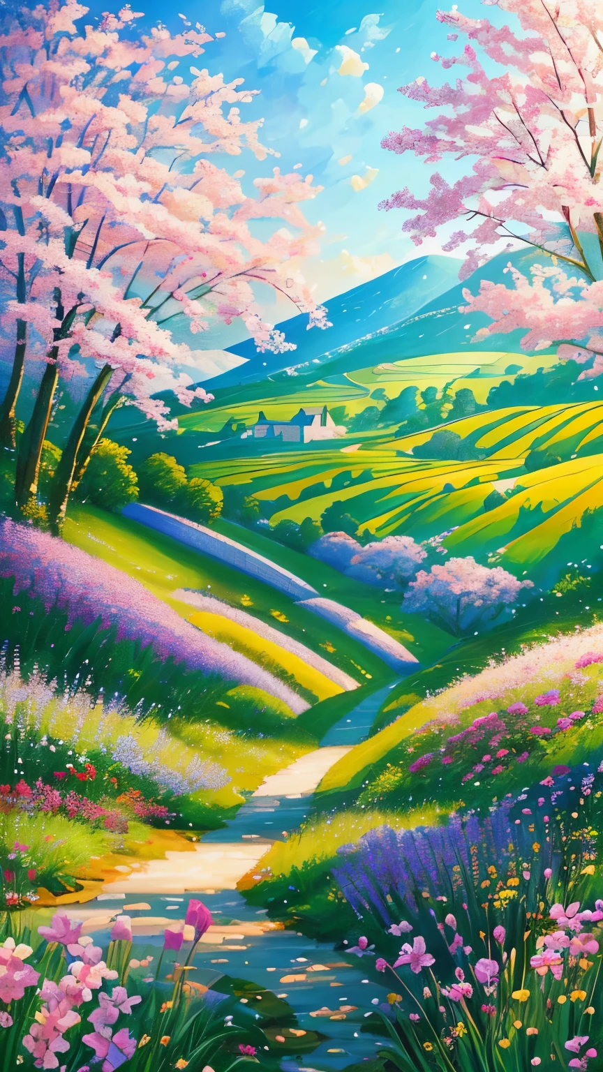 (best quality,realistic:1.2,highres),a lush green field, vibrant colorful flowers dotting the landscape,portraying the beauty of nature and the joy we can find in God's creation,illustration,extraordinary level of detail,stunning visual representation,impressive variety of flowers,serene atmosphere,sunlit scene,every blade of grass rendered with utmost precision,rich and vibrant colors,exquisite brushstrokes,picture-perfect composition,painting with a touch of impressionism,soft natural lighting,immersive experience,emphasizing the intricate details of the flowers,captivating and lifelike portrayal,awe-inspiring view,professional-level artwork,invoking a sense of tranquility and happiness.